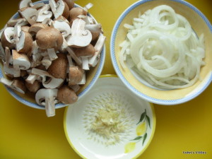 Mushroom stroganoff ingredients prepped