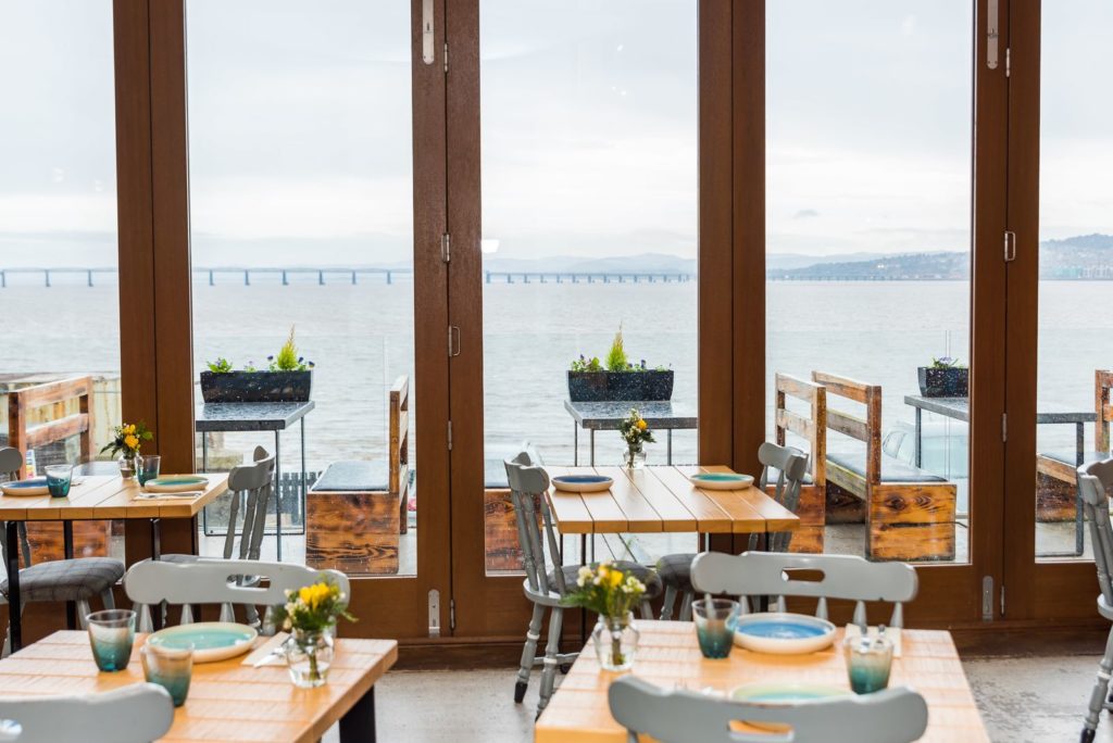 The Newport Restaurant floor to ceiling bi-fold windows with view of river Tay & Tay Bridge